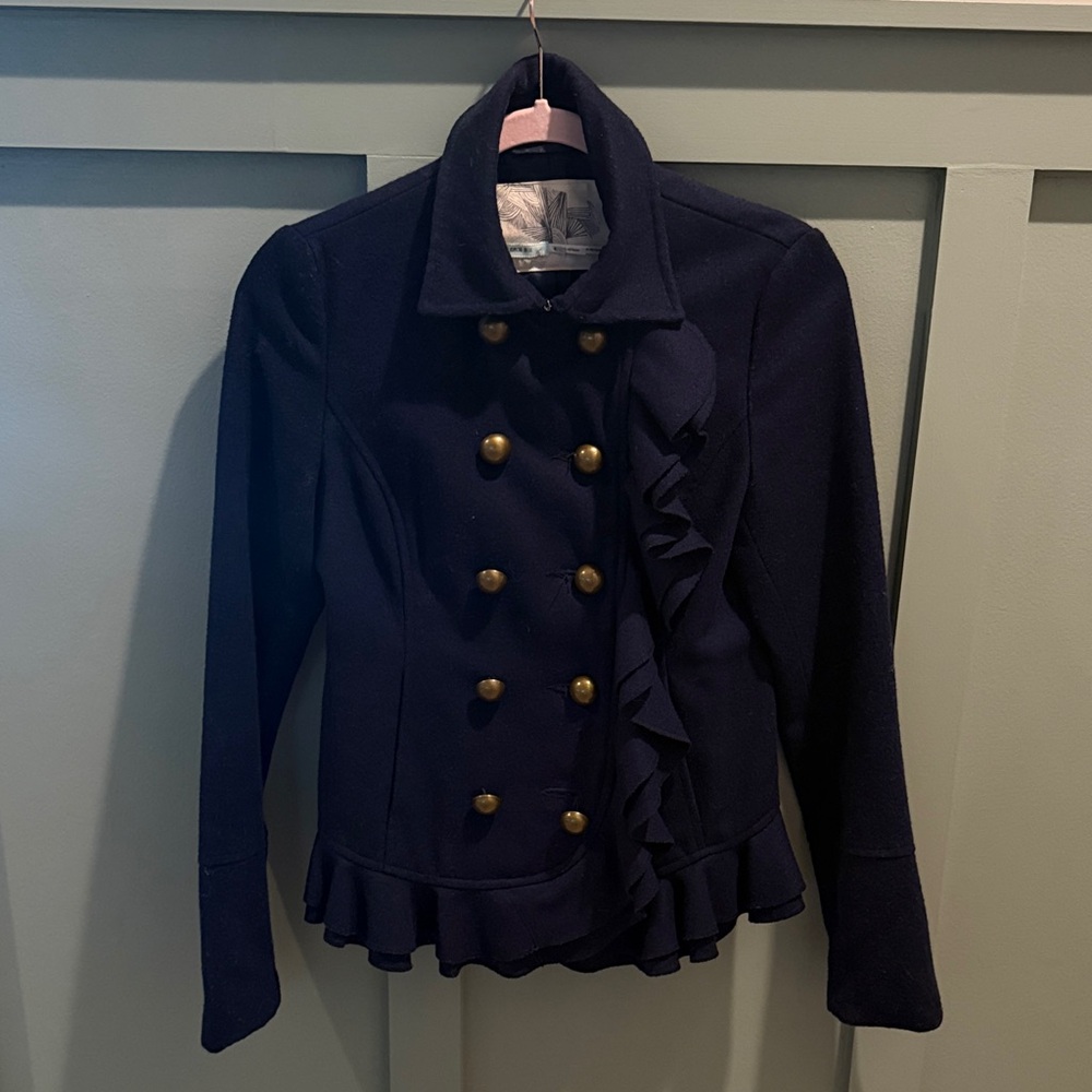 Anthropologie Kimchi Blue Navy Pea Coat with Gold Accents